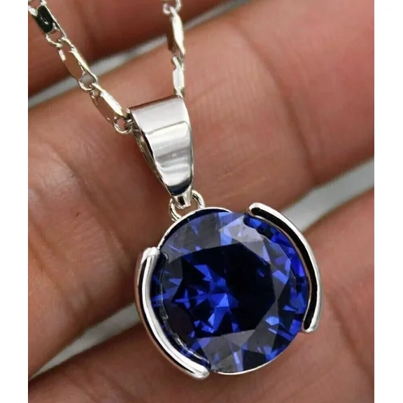 2Ct Round Cut Lab-Created Blue Sapphire Solitaire Pendant 14k White Gold Plated