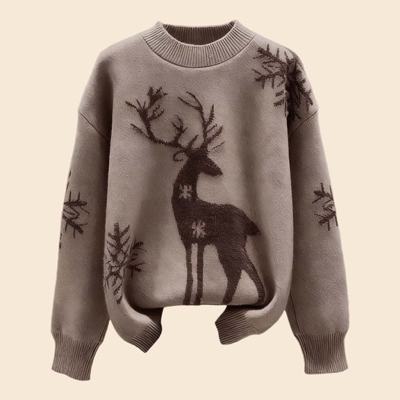 FASHOFT Christmas Sweaters For Women Deer Jacquard Crew Neck Knit Pullover Loose Womens Top Trendy Casual Sweater Fall Sweater Brown L