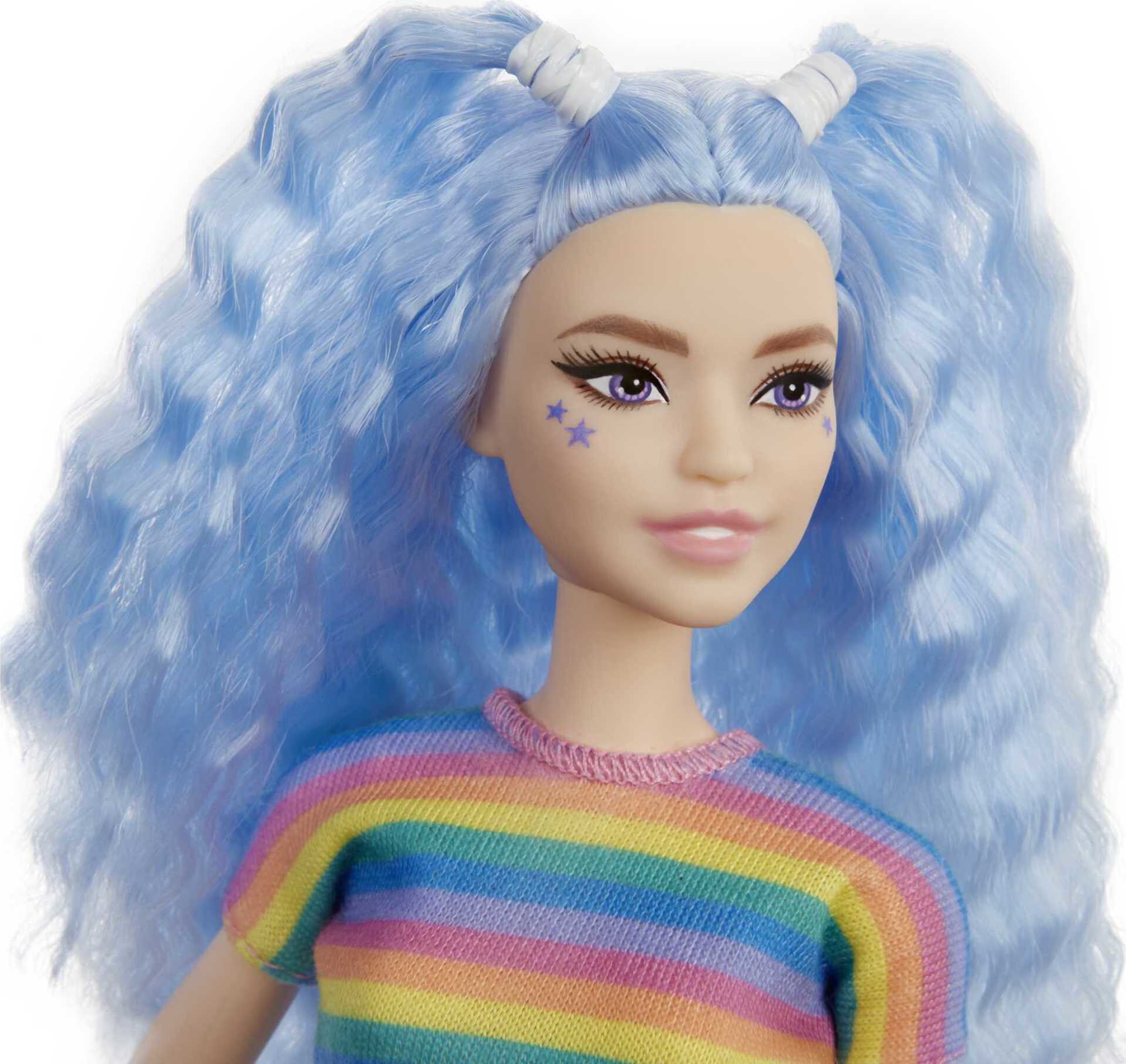 Barbie Fashionistas Doll #170 with Long Blue Crimped Hair, Star Face Makeup in Striped Tee - image 5 of 7