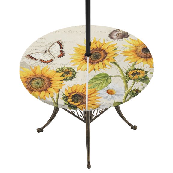 Retro Sunflowers Round Outdoor Tablecloth with Umbrella Hole Zipper, Rustic Floral Butterflies Spring Summer Elastic Fitted Table Cover, Waterproof Table Cloth for Patio Picnic Party Fits 45"-54"