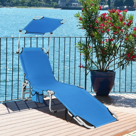 Costway Sillón Reclinable Plegable para Exteriores, Ajustable, para Playa, Patio, Piscina, con Parasol, Color Azul