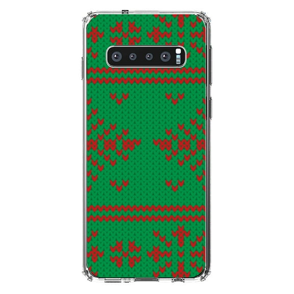 DistinctInk Clear Shockproof Hybrid Case for Samsung Galaxy S10 (6.1" Screen) - TPU Bumper, Acrylic Back, Tempered Glass Screen Protector - Green Red Ugly Christmas Sweater - Christmas All Year