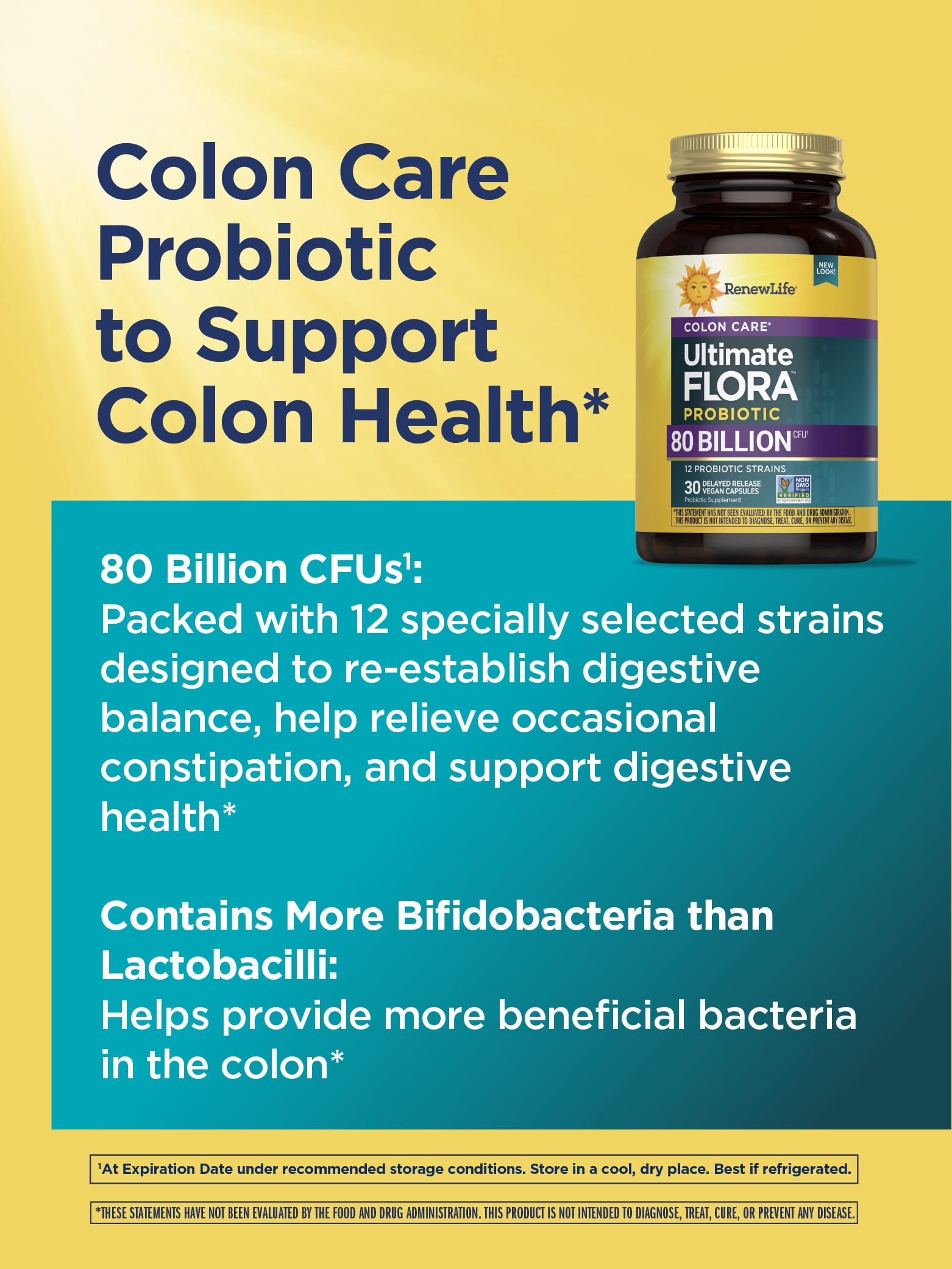 Colon Care Ultimate Flora Probiotic | 80 Billion CFU | 30 Vegan Capsules | by Renew Life