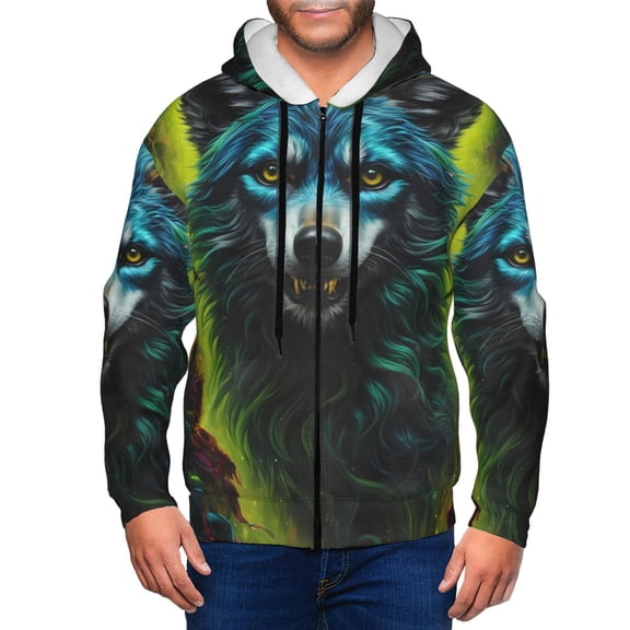 Vsdgher Fluorescent Wolf Mens Hoodies Zip Hoodie, Hoodies for Men, Zip-up Hooded Sweatshirt-Small