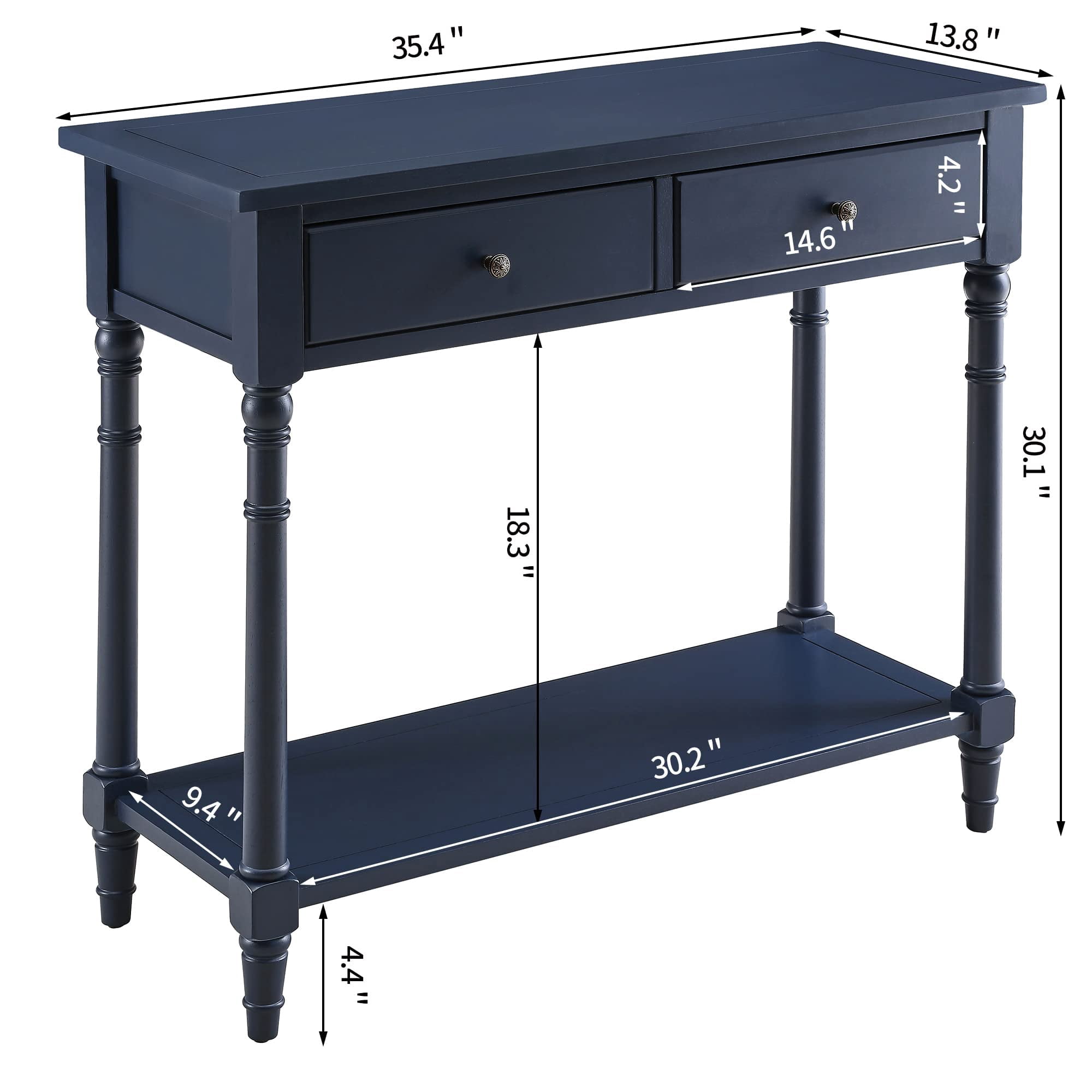 JESONVID Solid Wood Console Table with 2 Drawers, 2-Tier 35.4" X 30" Accent Sofa Table with Multilayer Storage Shelf Rustic Hall Entryway Tables for Living Room Home Office-Blue