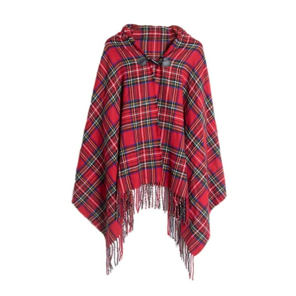 Xfvqtps Womens Hooded Cape with One Buttons Tassels Plaid Pattern Large Size Knitted Sweater Fashion Casual Warm Fall and Winter Shawl Red