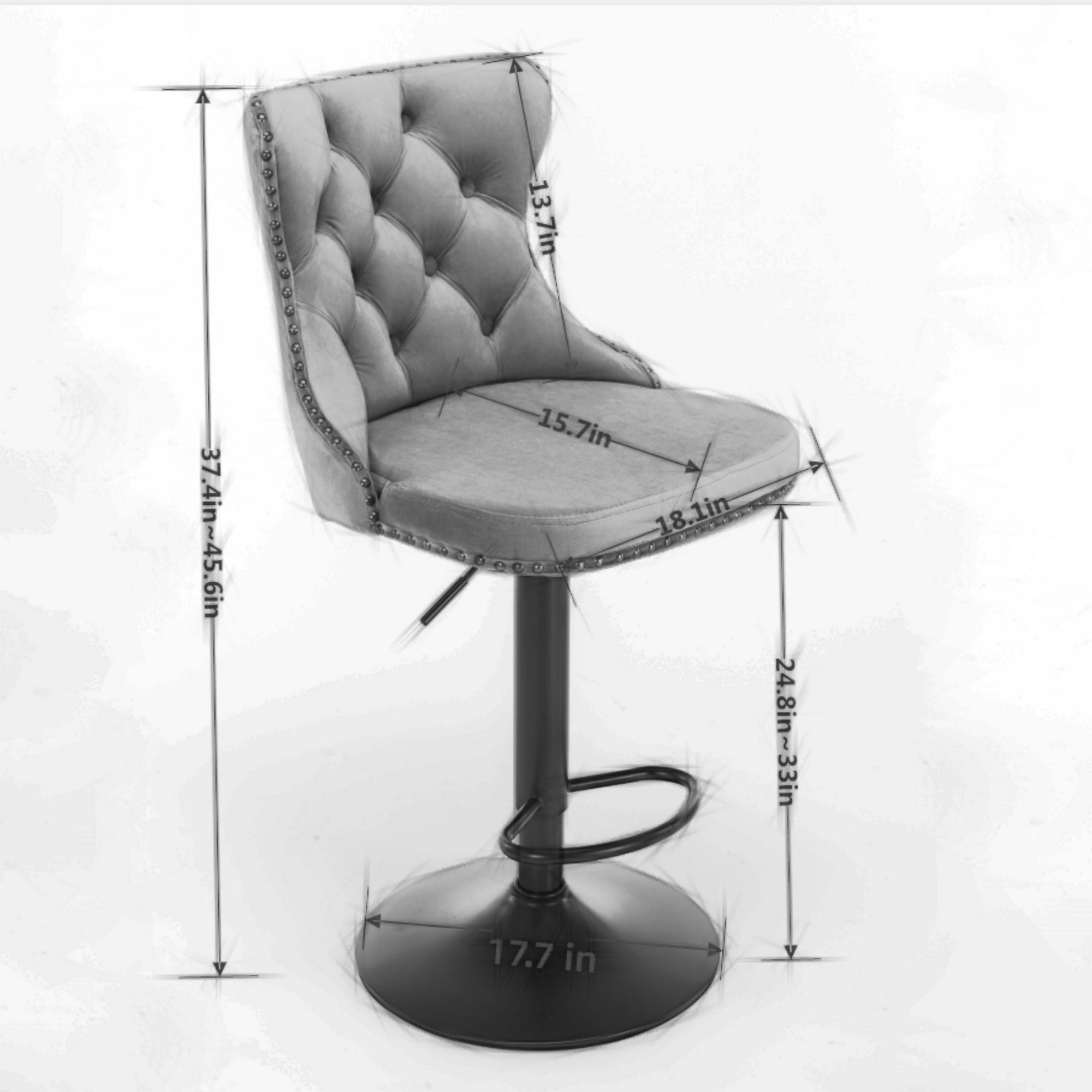 PORKISS Bar Stools, Velvet Adjustable Swivel Barstools with Back Set of 2, Modern Upholstered Kitchen Island Chairs with Tufted for Home Bar, Gray