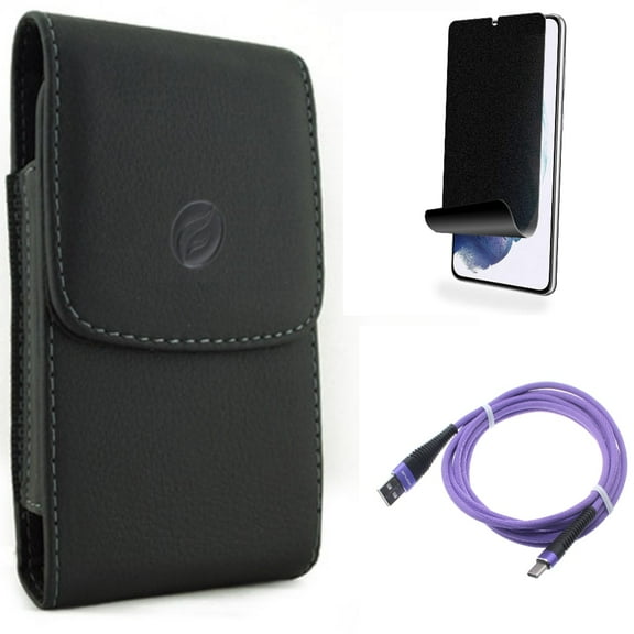 For Samsung Galaxy S21 (6.2") - [Fingerprint Works] TPU Film Privacy Screen Protector   Type-C Purple 10ft USB Cable   Holster Leather Case Belt Clip