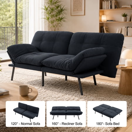 BSHTI 70.87" Convertible Futon Sofa Bed, Linen Fabric 2-Seater Sleeper Couch with 5-Level Adjustable Backrest & Armrests, Wood Frame Futon Couch for Living Room, Guest Room, Small Spaces