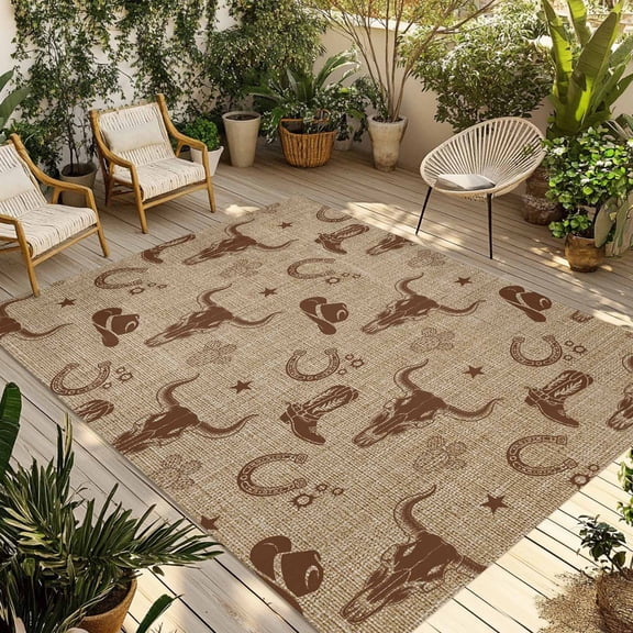 Brown Cow Skull Outdoor Rug for Patio/Deck/Porch, Non-Slip Large Area Rug 5 x 7 Ft, Southwestern Vintage Cowboy Boots Burlap Indoor Outdoor Rugs Washable Area Rugs, Camping Rug Carpet Runner