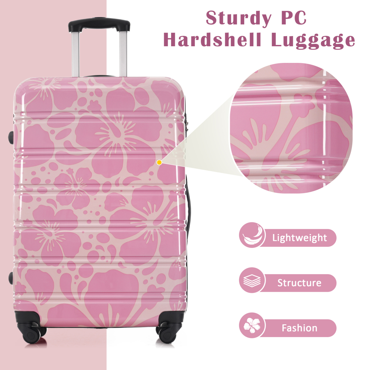 Hardshell Luggage Set 3 Piece Spinner Suitcase TSA Lock Lightweight Pink
