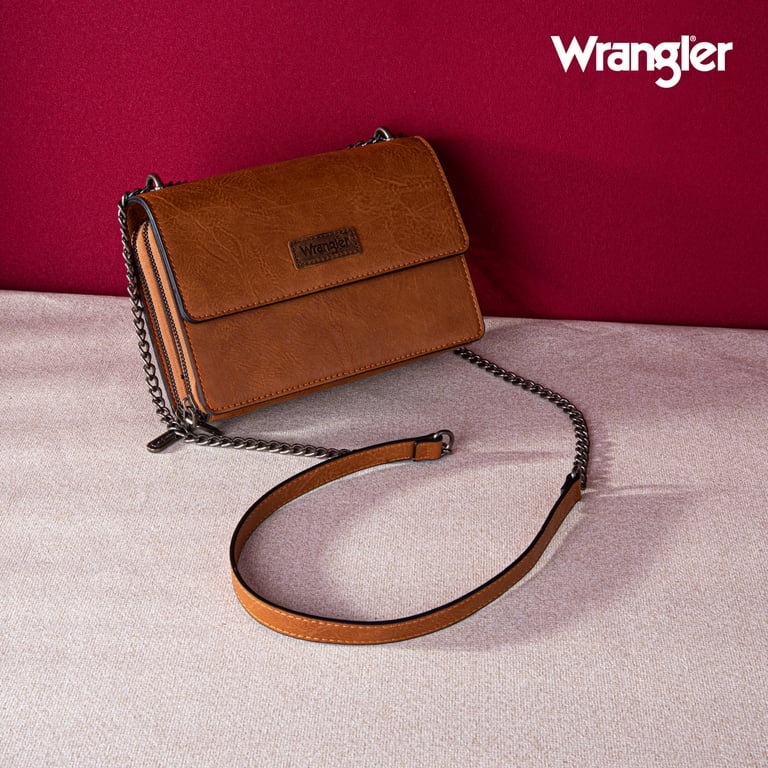 Wrangler Flap CrossBody Purse for Women Small Shoulder Bag with Chain Strap,  Light Brown 