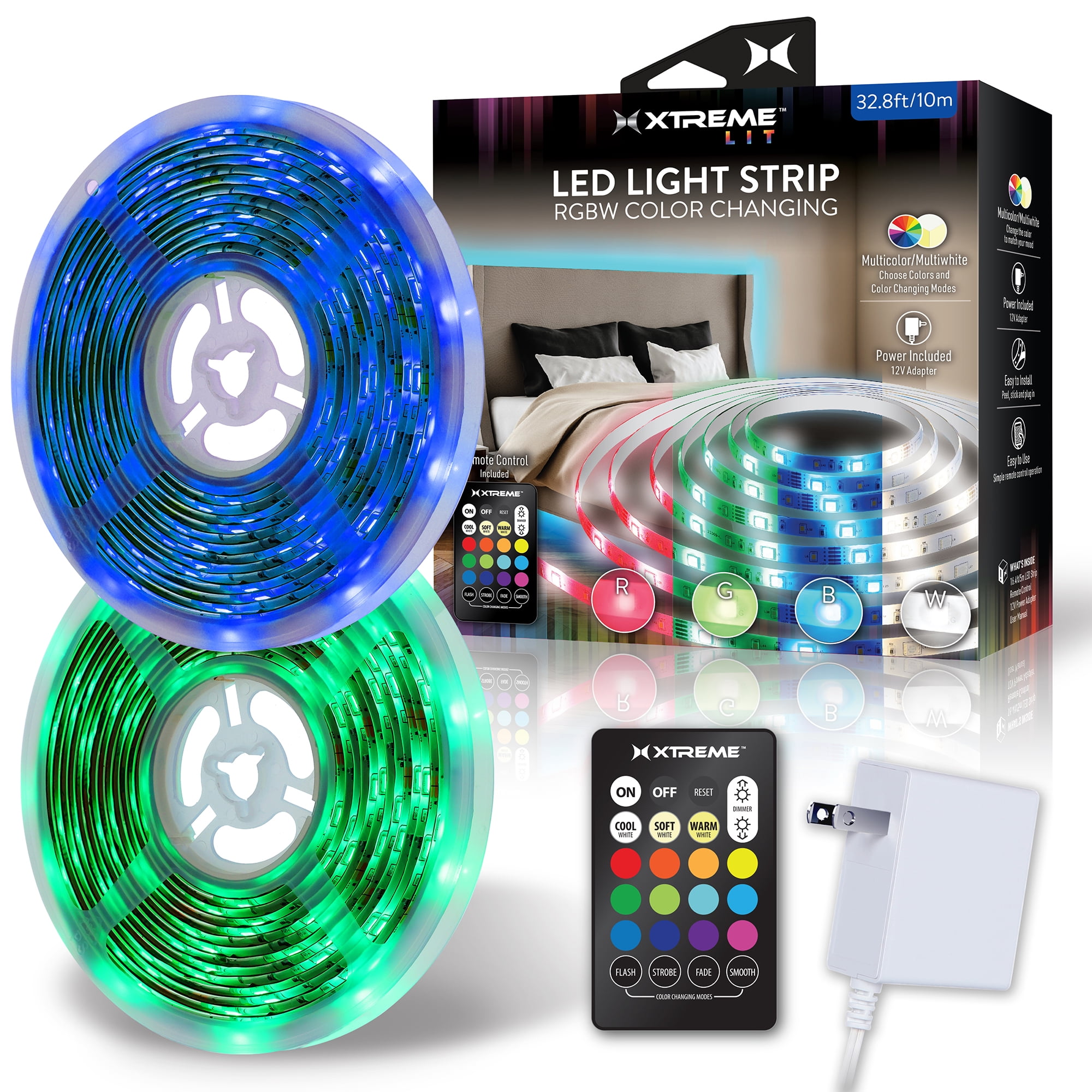 Xtreme Lit 32.8ft RGBW Color-Changing Indoor Light Strip, Remote Control, Powered by 12V Adapter - Walmart.com