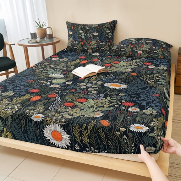 Cal.King Size Fitted Sheet Set - Spring Floral 3 Piece Bedding Sets 16" Deep Pocket Fitted Sheet with 2 Pillowcases, Summer Daisy Botanical Flowers Brushed Microfiber Hotel Luxury Bed Sheets