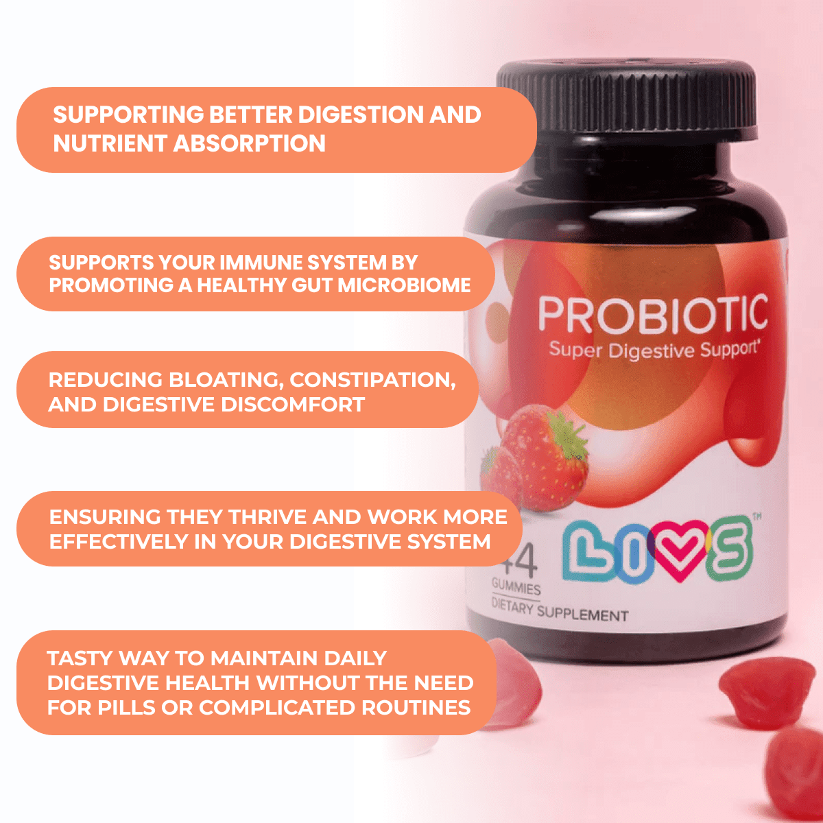 LIVS Probiotic Gummies for Women and Men – 5 Billion CFUs Bacillus Coagulans for Digestive Gut Health, Mood Support & Immune Boost | All Natural, Plant-Based, Vegan, Strawberry Flavor - 88 Count