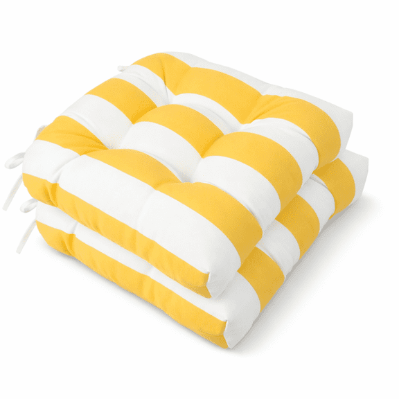 Set of 2 Tufted Outdoor Chair Cushions, Yellow/White Striped, 19"x19"x4", Water & Fade Resistant