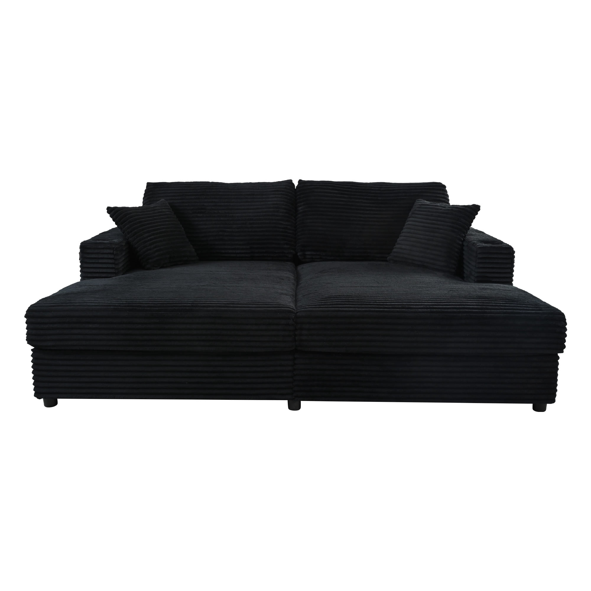 Euroco 86.5" Oversized Loveseat Chaise Lounge Sectional Sofa Bed Corduroy Sleeper Sofa with Two USB Ports , Two Cup Holders and Two Throw Pillows for Living Room and Bedroom