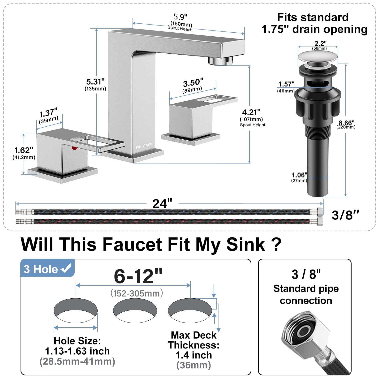 KINGTACK Bathroom Sink Faucet, 8 inch Brushed Nickel Bathroom Faucet with Pop Up Drain, 2 Handle Vanity Faucet with Water Supply Hoses