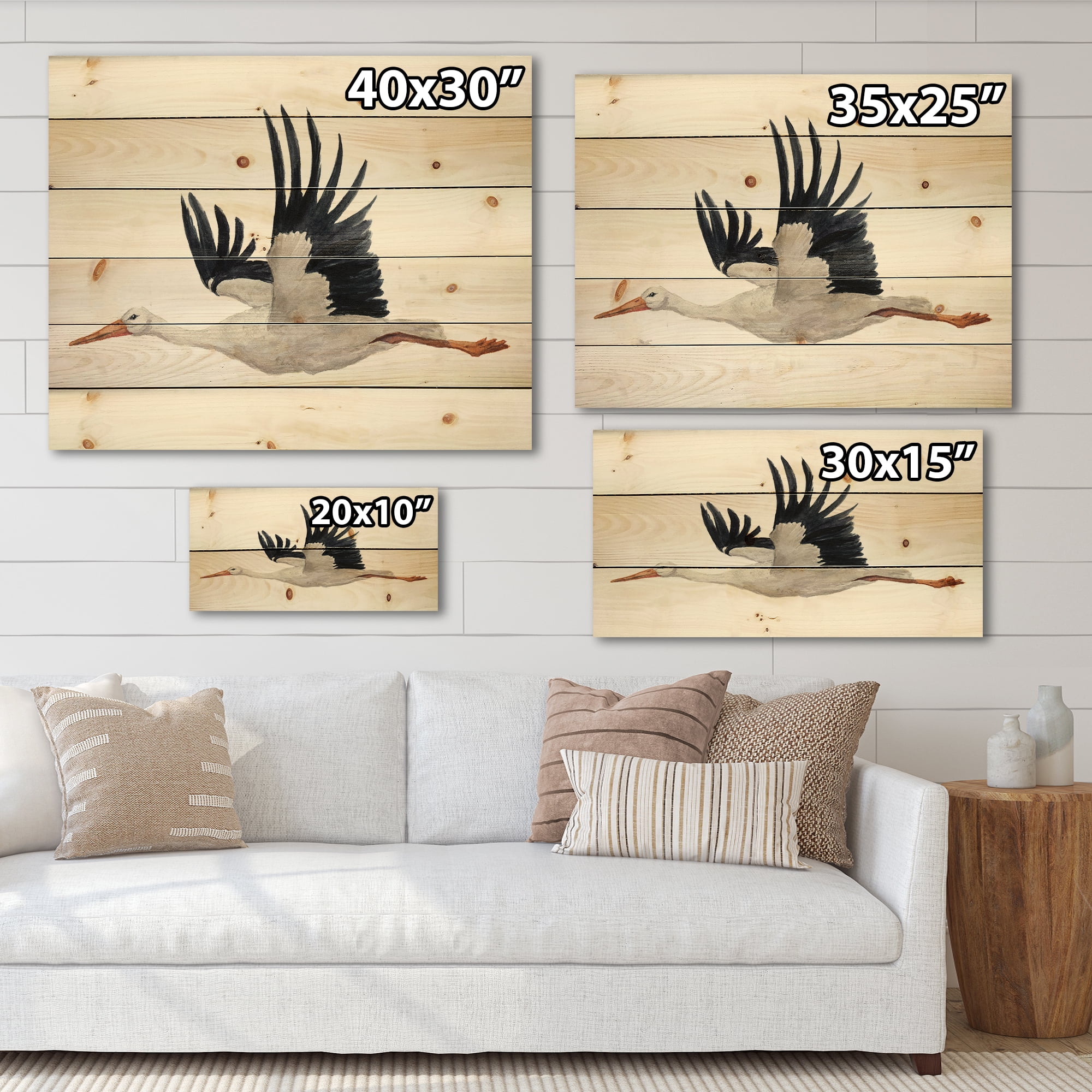 Designart 'White Stork Ciconia Flying Bird ' Traditional Print on Natural Pine Wood