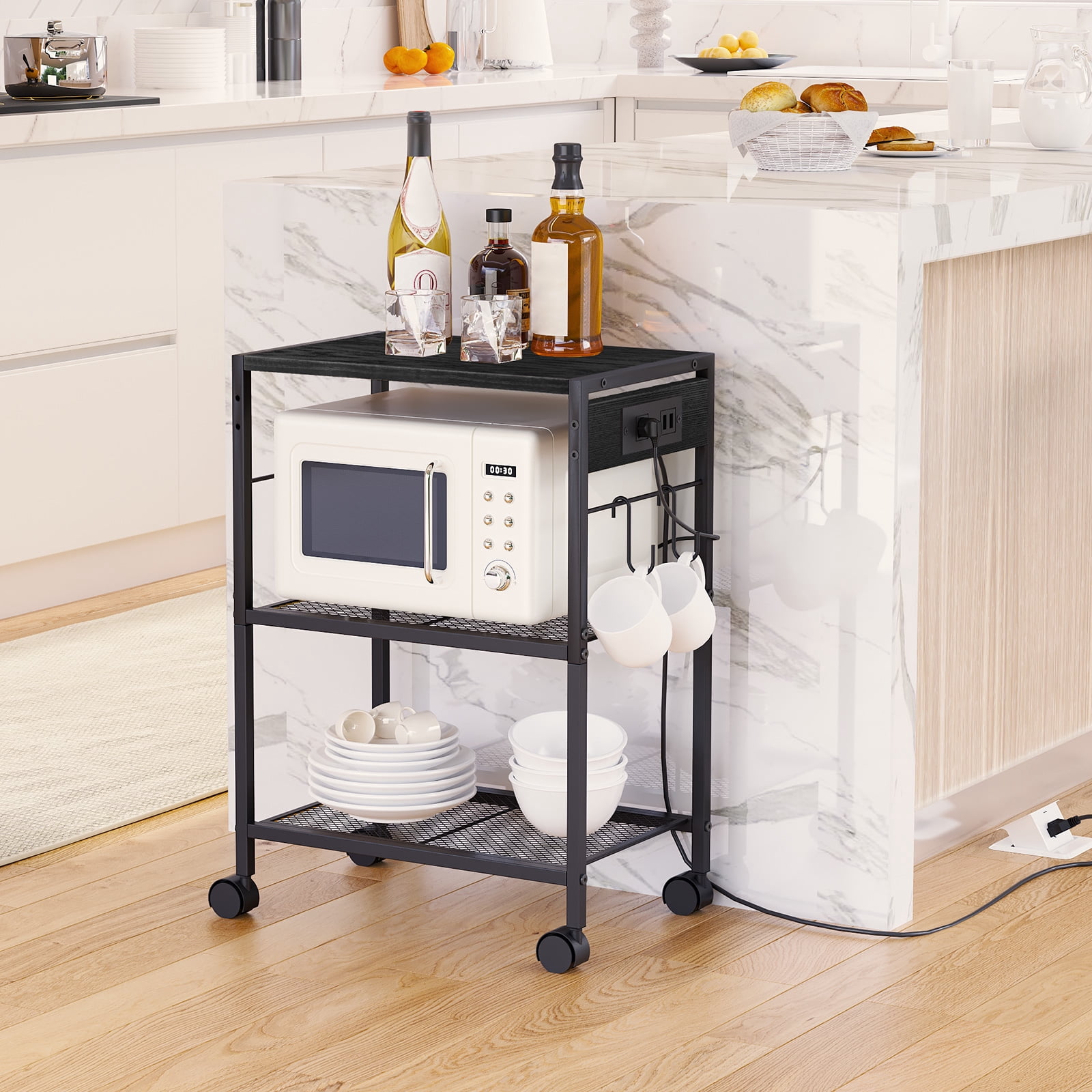HOOBRO Industrial Printer Stand , 3-Tier Mobile with Power Outlets and USB Ports, Black BB22UPS01
