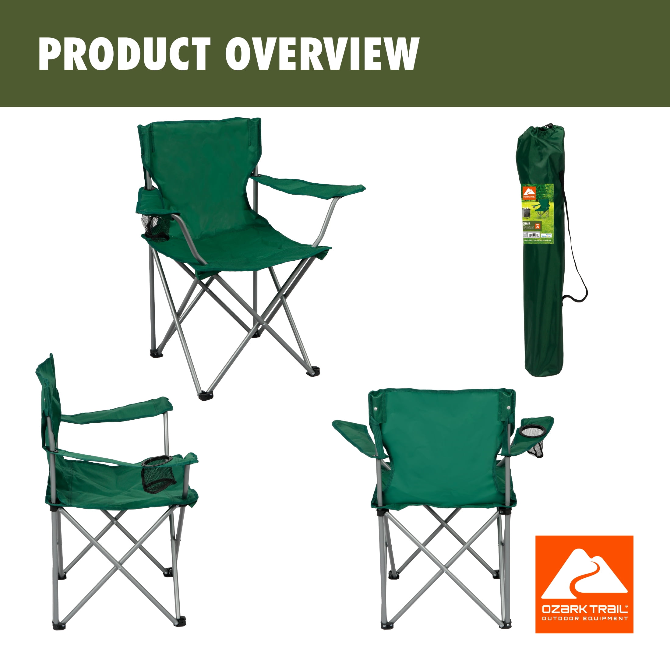 Ozark Trail Quad Folding Camp Chair with Cup Holder, Dark Green