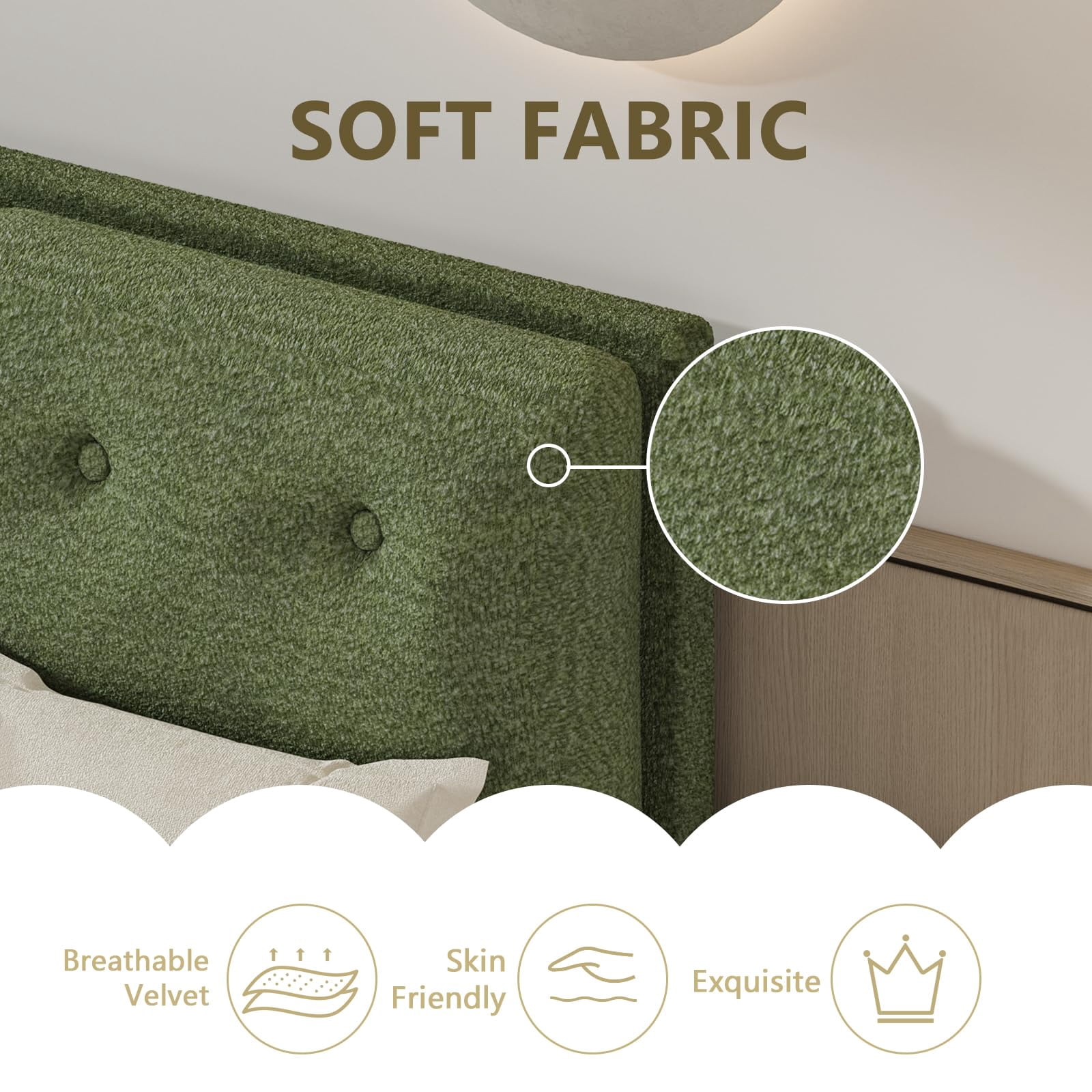 4 EVER WINNER King Bed Frame, King Size Bed Frame with Headboard, Boucle Bed Frame with Removable Pillow Upholstery, No Box Spring Required, Easy Assembly, Green
