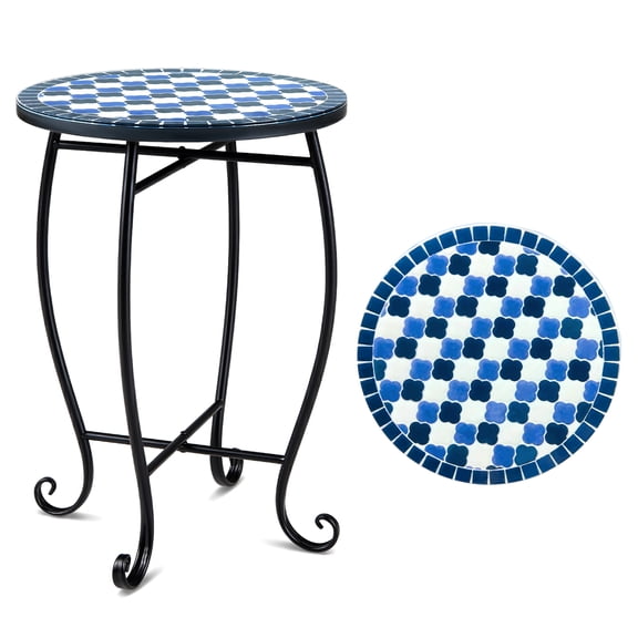 Gymax 14'' Coffee End Table Outdoor Side Table Floral Clover Mosaic Patio Accent Tablee Blue & Black
