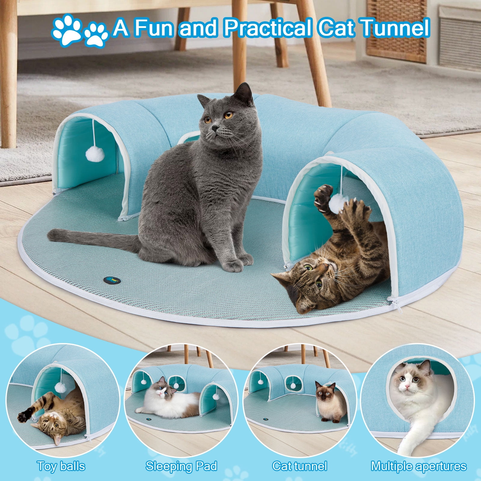 Ownpets 2 in 1 Detachable Cat Tunnel Bed Cooling Pad Cave Interactive Play Toy Rabbit Kitty