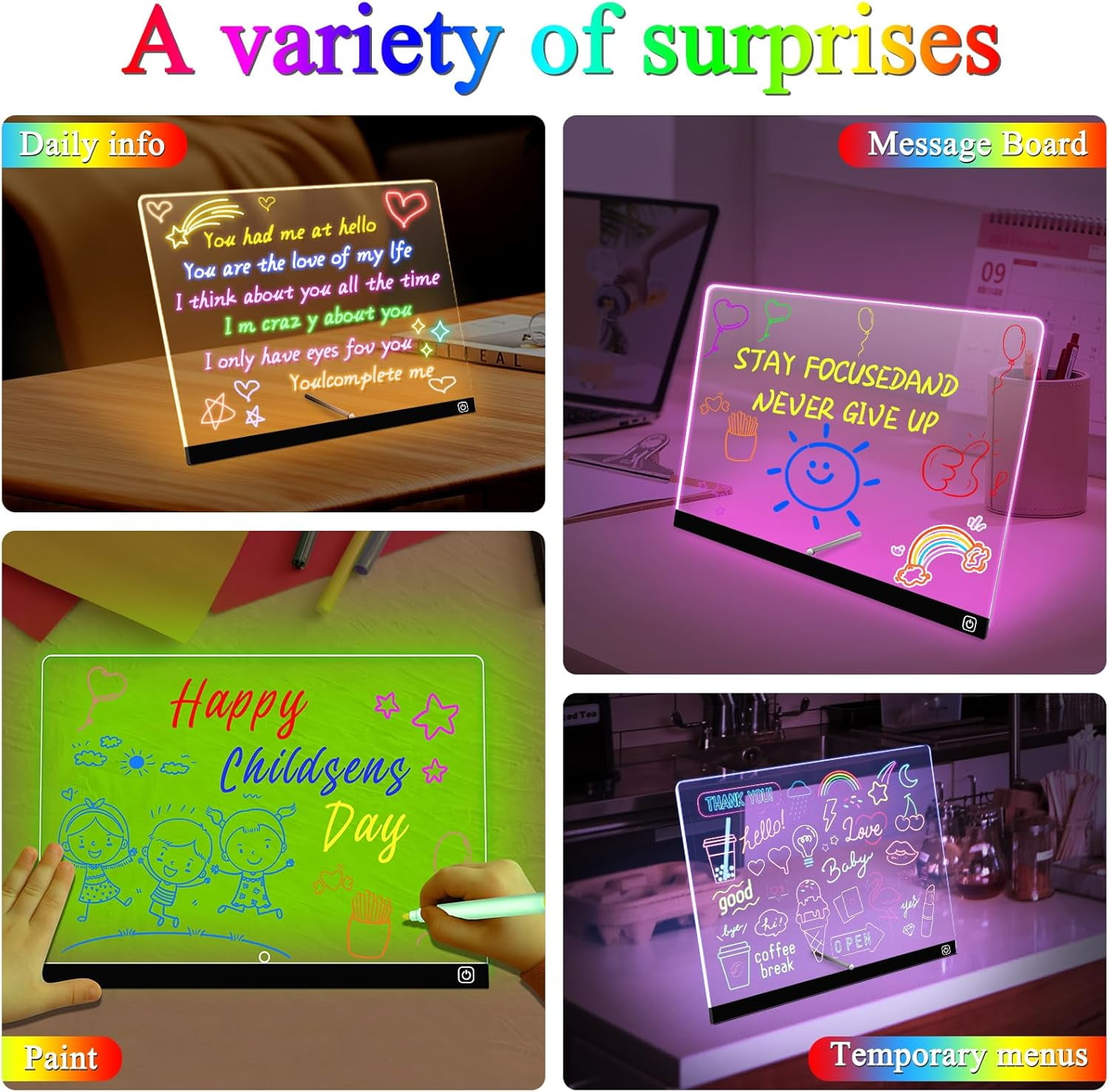 LED Note Board with Colors, 15.7 "X11.8 Rechargeable Drawing Pad with Stand for Kids, 7-Color, 5 Light Modes and 7 Markers, Sketching Gift Toy for Kids/Girls/Teens