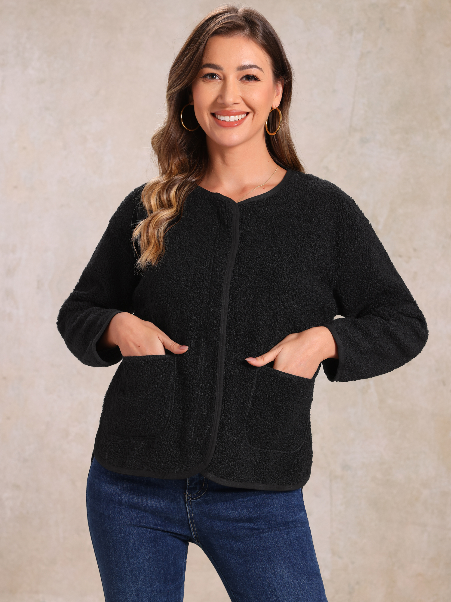 Unique Bargains Women's Collarless Jacket with Zipper Long Sleeve Faux Fur Coat XL Black