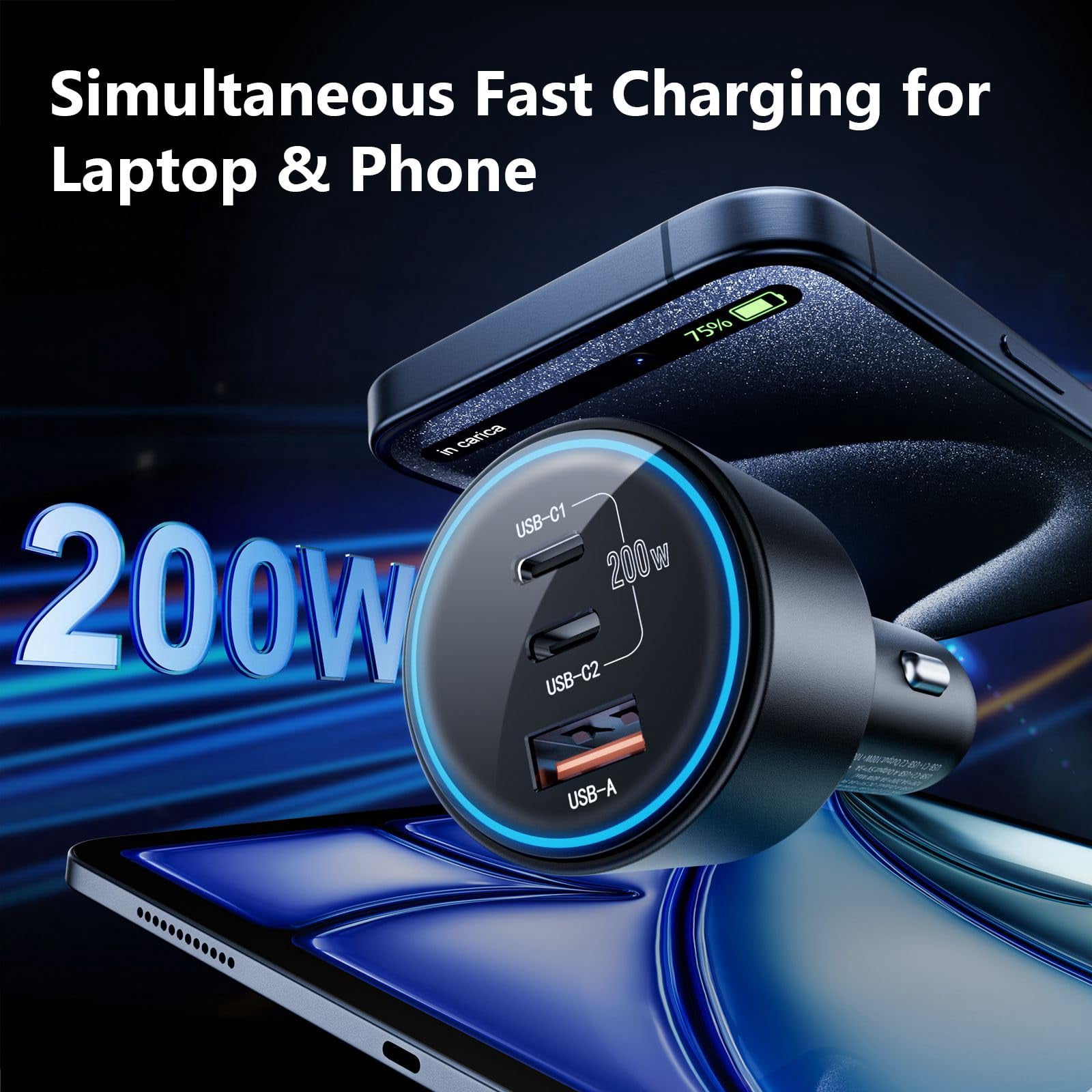 LujingZ USB C Car Charger Fast Charging 200W Dual PD 100W Type C Car Charger PD3.0 QC4.0 PPS Cigarette Lighter Adapter Compatible with iPhone 16 15 14 13 12 Galaxy S22 S21 Ultra MacBook Laptop