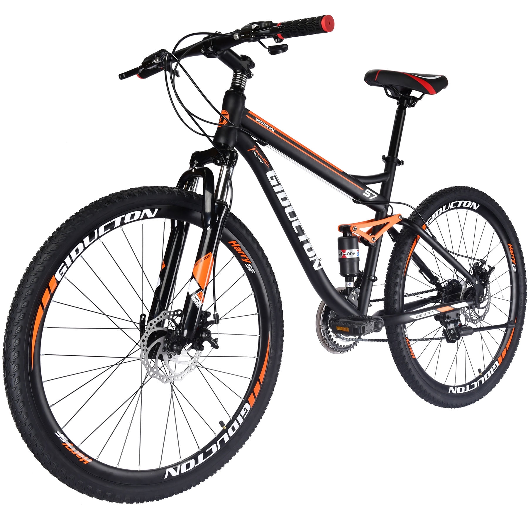 Full Suspension Mountain Bike 21 Speed Bicycle 27.5 inches Mens or Women MTB Disc Brakes Orange