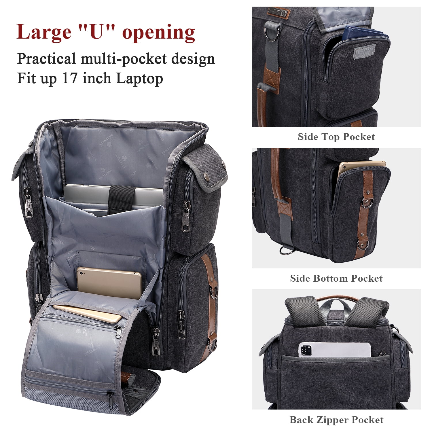 WITZMAN Travel Backpack for Men Carry On Canvas Backpack Luggage Outdoor Duffel Bag (6661 Black)