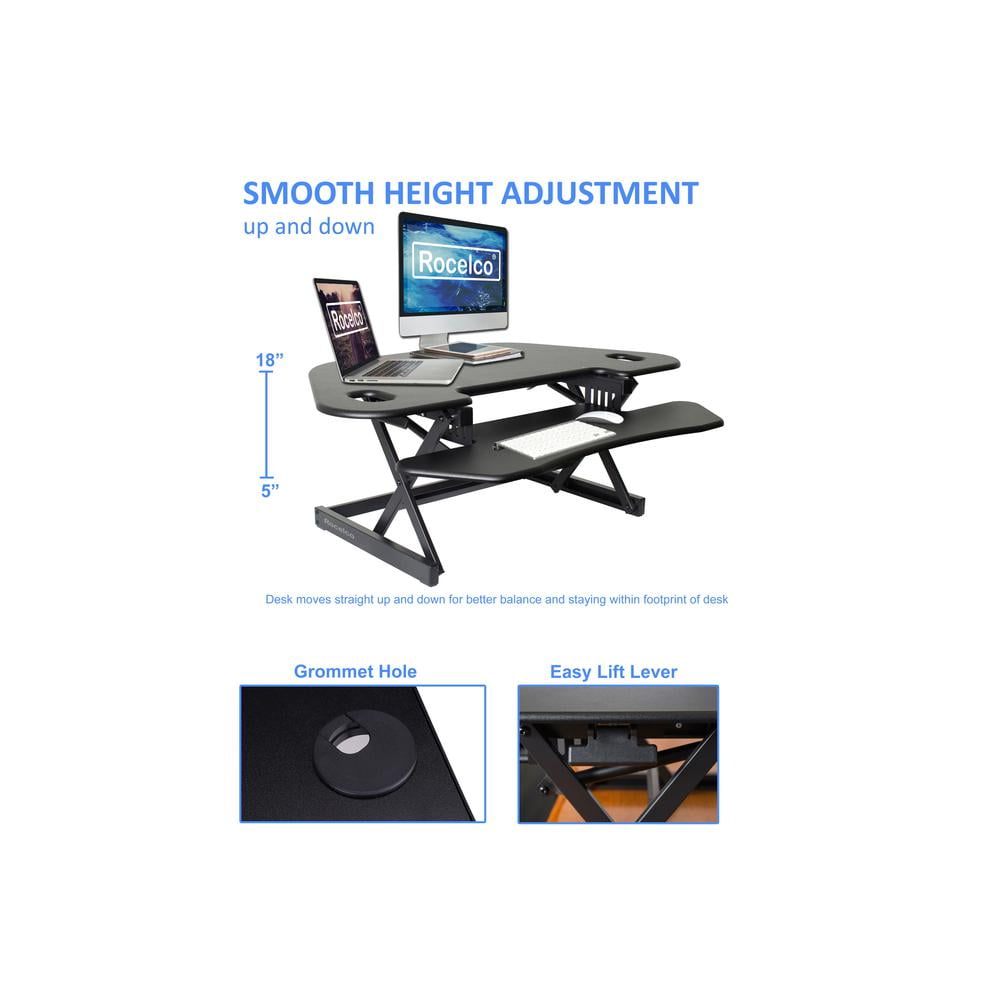 Rocelco 46" Height Adjustable Corner Standing Desk Converter with Dual Monitor Arm BUNDLE | Quick Sit Stand Up Computer Workstation Riser | Extra Large Keyboard Tray | Black (R CADRB-46-DM2)
