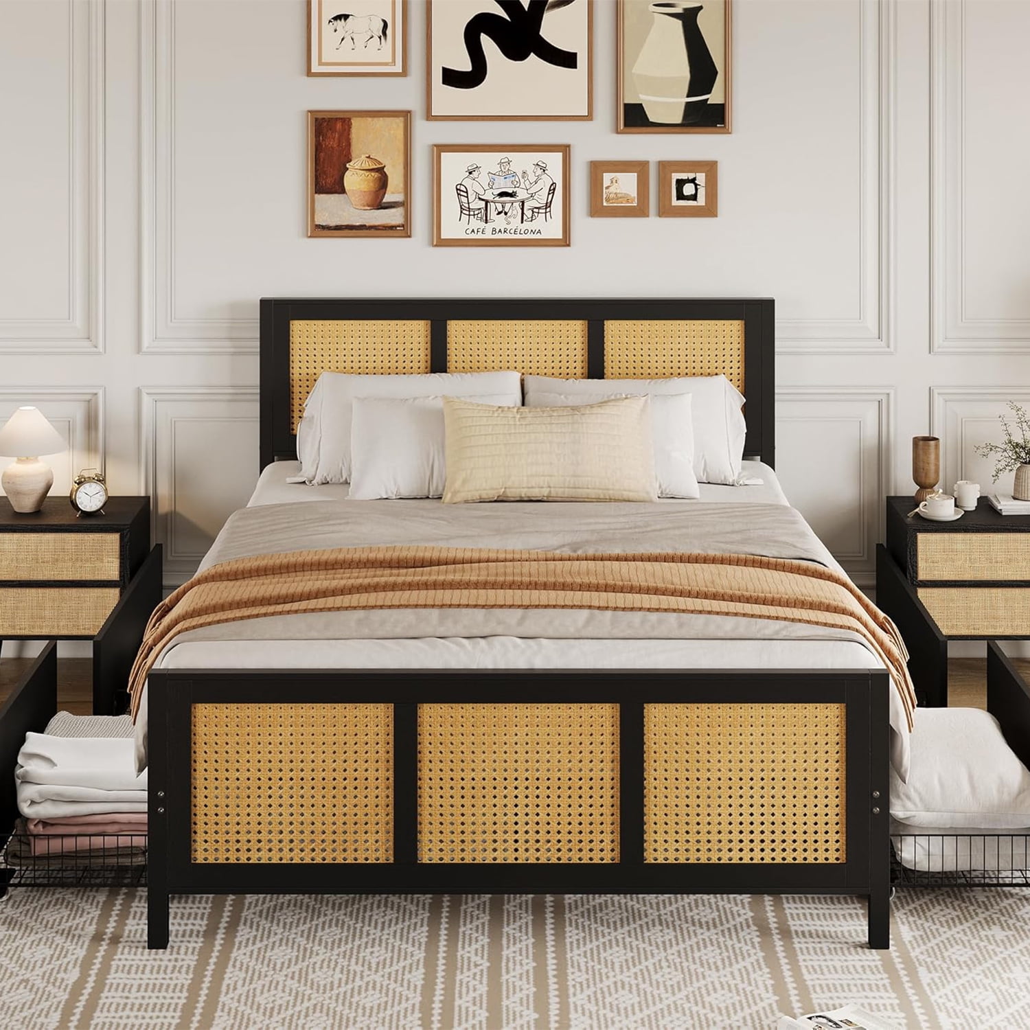 Tzou Rattan Bed Frame with Headboard & 4 Drawers - Boho Full Size Platform Bed, LED Lights, 800 lb Capacity, No Box Spring, Black