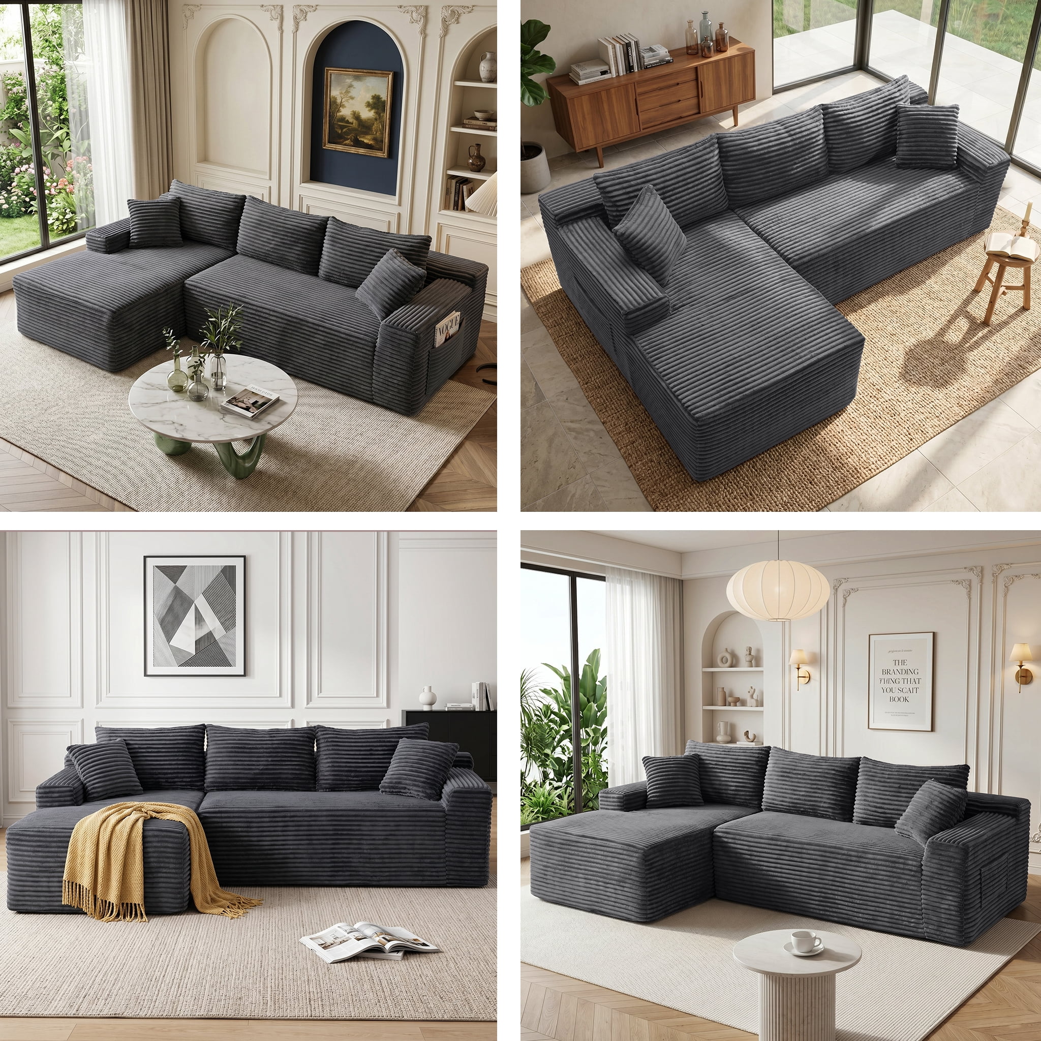 Xiweot 95" Modular Cloud Couch Sectional Sofa for Living Room, Modern Corduroy Boneless Couch with Side Pockets, Upholstered Deep Seat L Shape Sofas, No Assembly Required, Gray