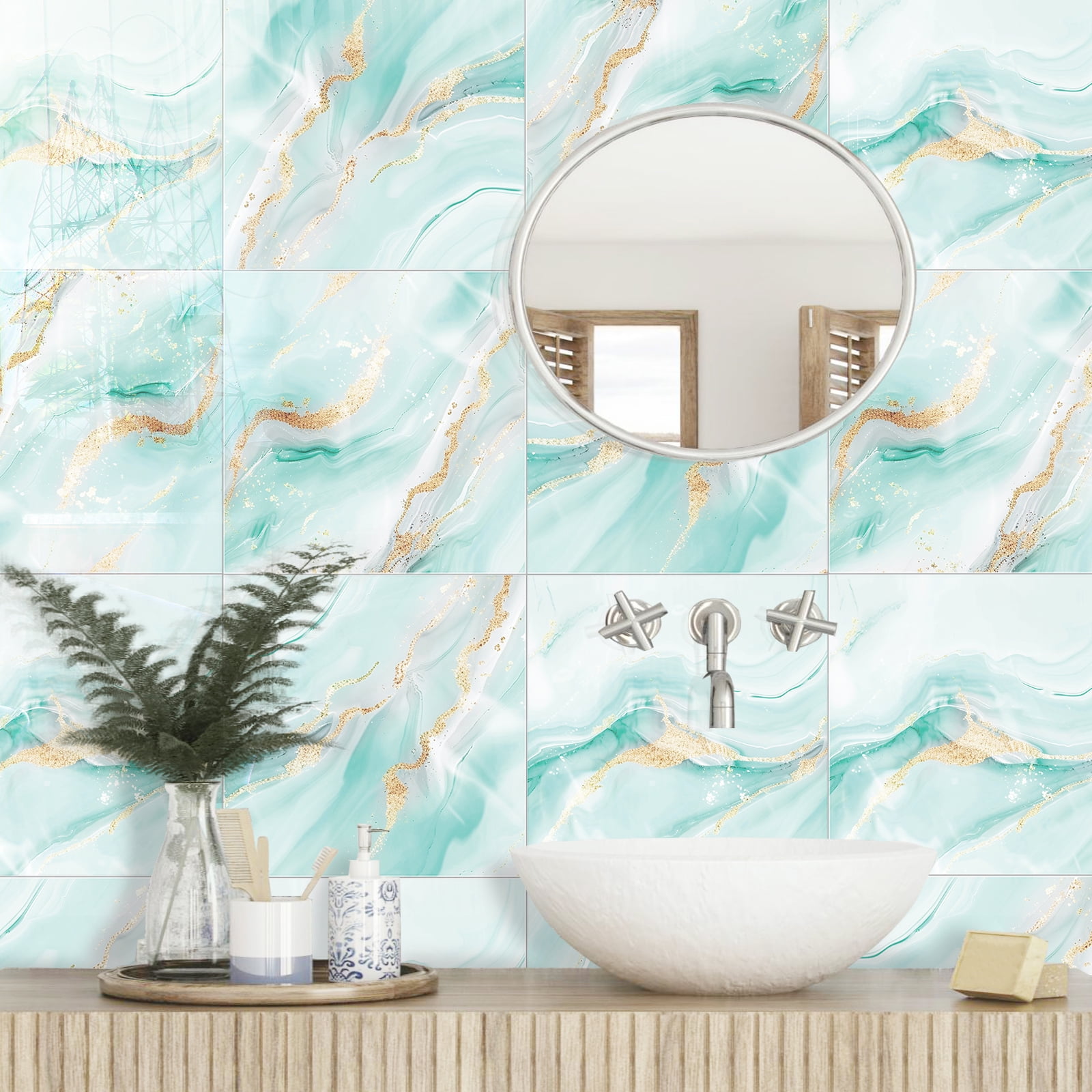 DEWOO 10pcs Peel and Stick Backsplash Wall Tile, Waterproof Peel and Stick Marble Wall Tiles, Self-Adhesive Panels for Bathroom, Kitchen, and Living Room (Blue Marble,12"×12")