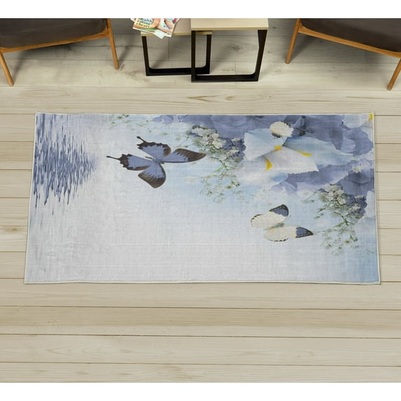Floral Decorative Rug, Nature Theme Wild Flowers Monarch Flying Butterflies Lily on Lake Therapy Spa, Quality Carpet for Bedroom Dorm and Living Room, 6 Sizes, Blue Grey, by Ambesonne
