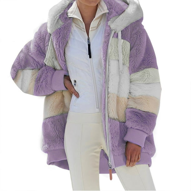 Gibobby Chamarras para mujer, Abrigo de Invierno a la Moda para Mujer, Chaqueta de Manga Larga con Solapa y Cremallera, de Piel sintética, Peluda, en Contraste(Morado,G)