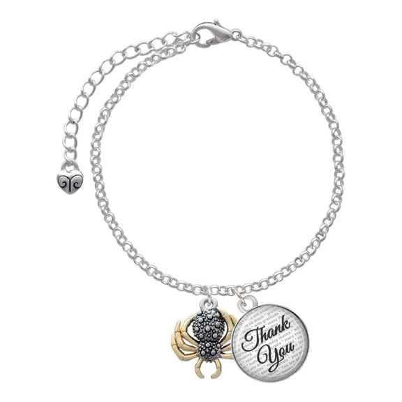 Delight Jewelry Two-tone 3-D Textured Spider with Legs - Domed Thank You Charm Bracelet, 6" 2"