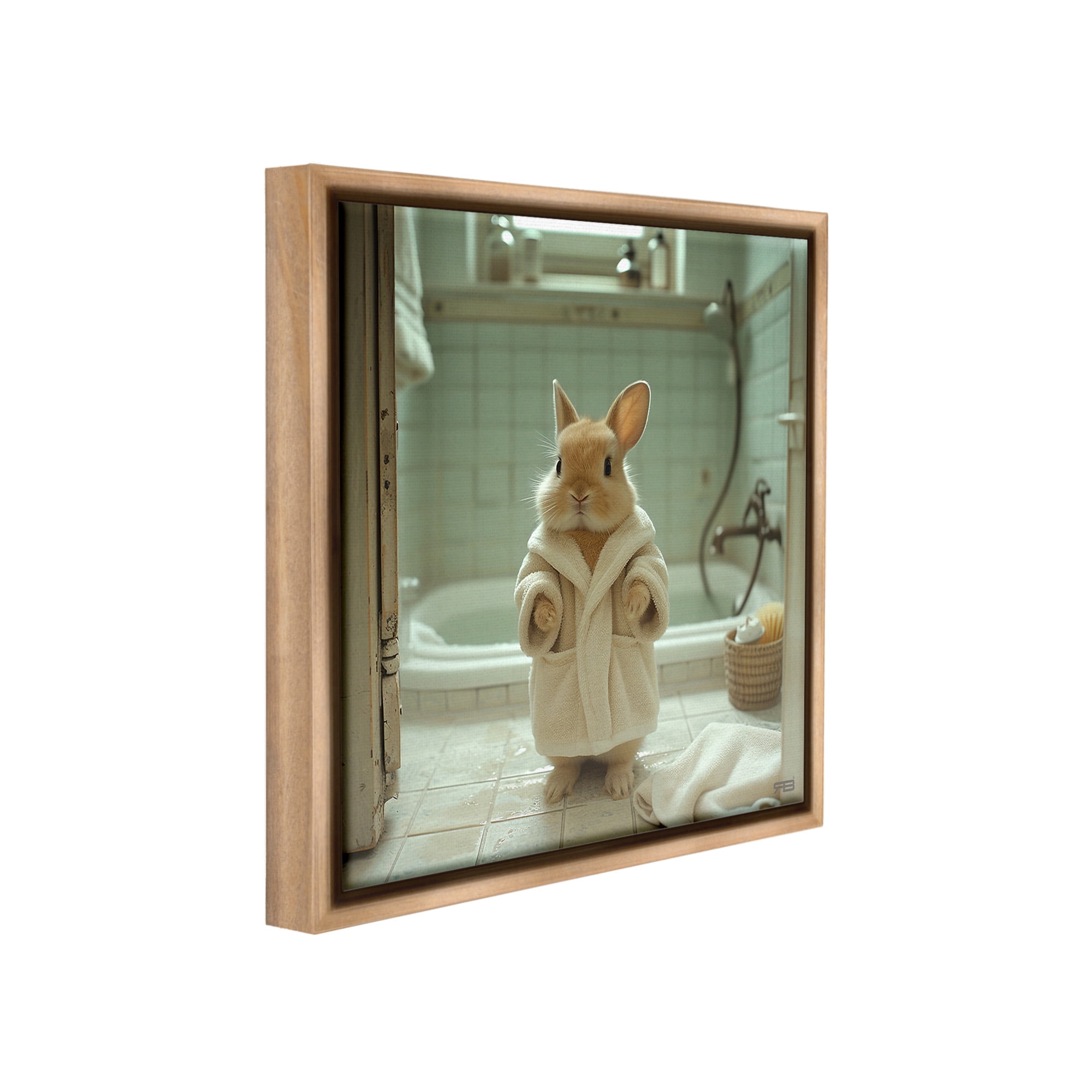 Stupell Industries Bunny in Bathrobe Animals & Insects Painting Brown Floater Framed Canvas Art Print Wall Art, 18 x 18