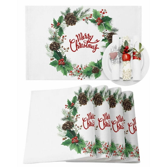 Merry Christmas Placemats Set of 2 Winter Holly Red Berries Pine Cones Heat Insulation Washable Place Mats, Rustic Non-Slip Table Mats for Dining Table Party Kitchen Decor,13x19 Inch