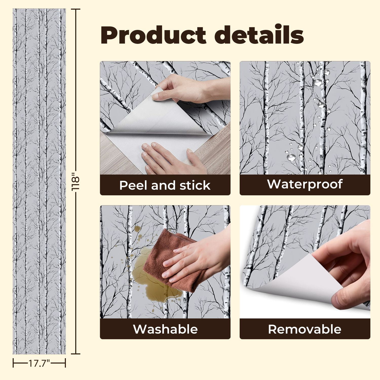 Peel and Stick Wallpaper 17.7in x 9.8ft Birch Trees Forest Black White Minimalist Nature Botanical Contact Paper Vinyl Waterproof Self Adhesive Wall Paper for Bedroom Shelf Cabinet Renter Friendly
