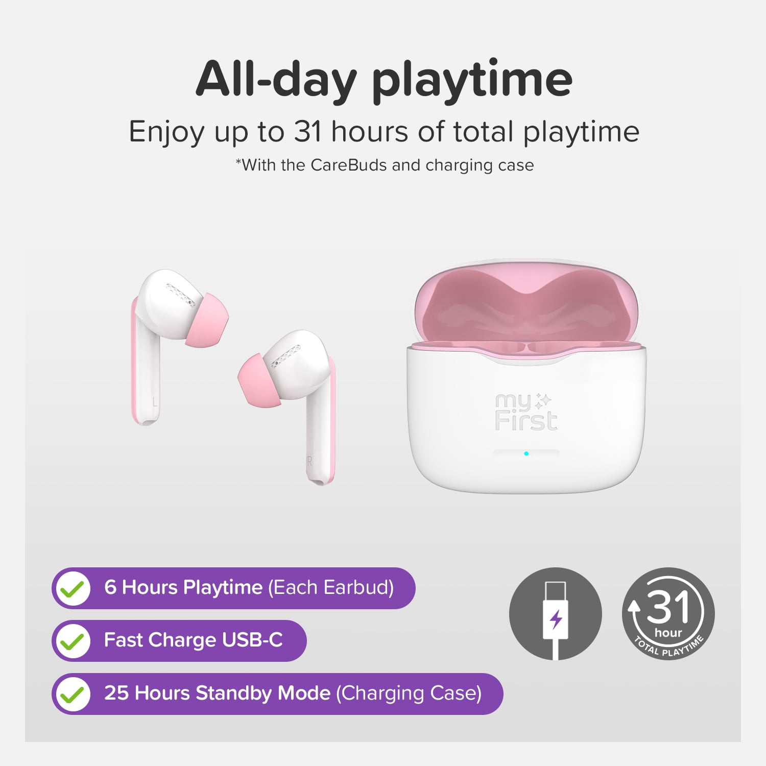 myFirst CareBuds (White) Kids Wireless Earbuds, 85dB Volume Limit, Built-in Mic, 6 Ear Tips, Anti-Loss Strap, Bluetooth 5.3, Gift for Kids 4-15