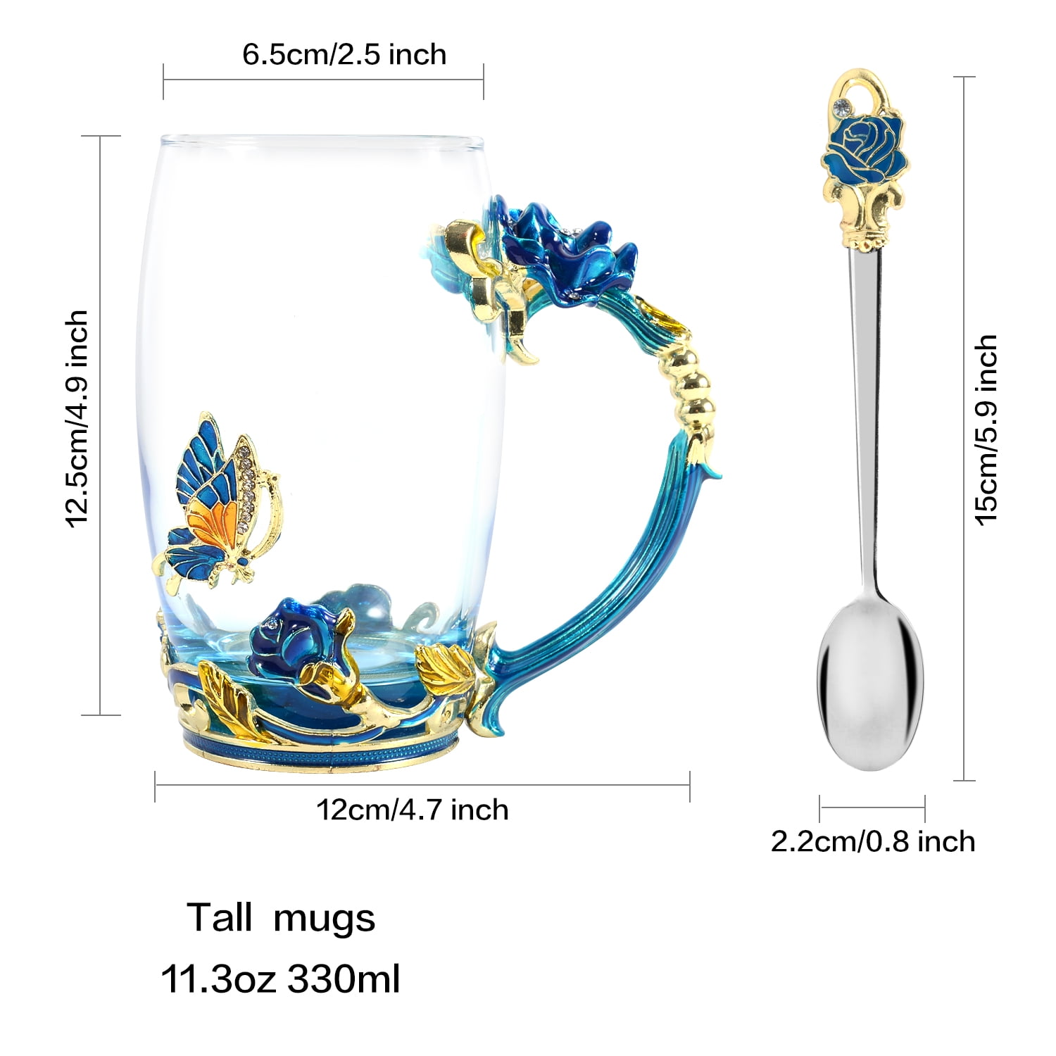 Coffee Cup Tea Mug with Spoon Set Handmade Enamel Butterfly Flower for Women (2 Pack)