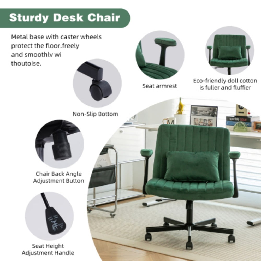 Velvet Criss Cross Office Chair with Wheels, Modern Upholstered Desk Chair with Adjustable Height, 360° Swivel & Tilt, Green