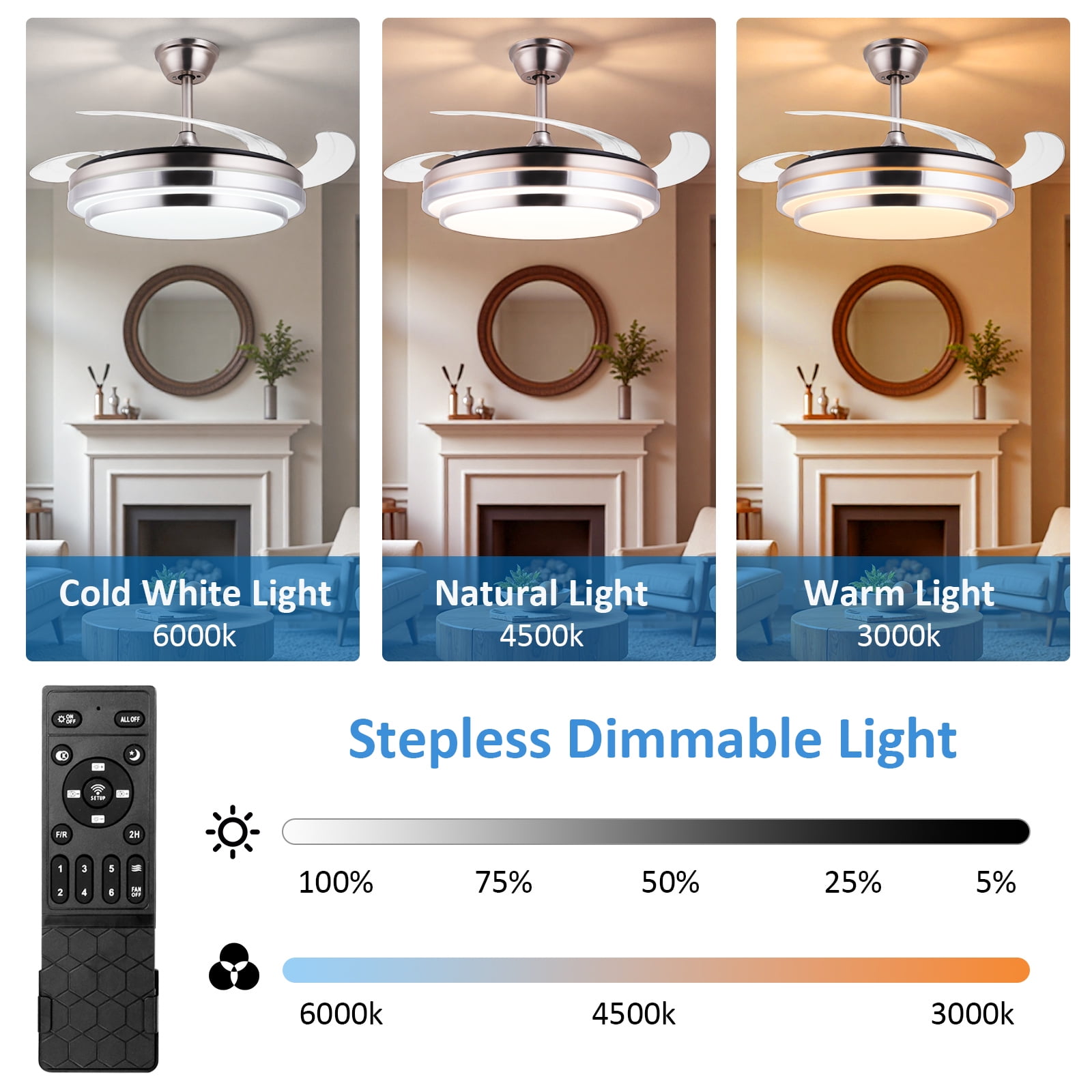 Smart Retractable Ceiling Fan with Light, 42 Inch Fandelier Remote Control, 3 Color Temperature Dimmable LED, 6 Speed Quiet Reversible DC Motor for Bedroom Living Room Kitchen
