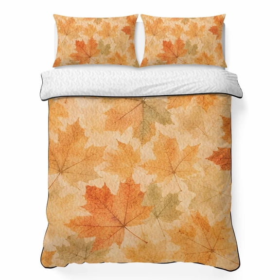 Autumn Maple Leaf 3 Piece Quilt Bedding Set with 2 Pillow Shams, Rustic Fall Burnt Orange Falling Leaves Forest Lightweight Bedspread Coverlet, Soft Breathable All Season Quilt, 79 x 90 Inch
