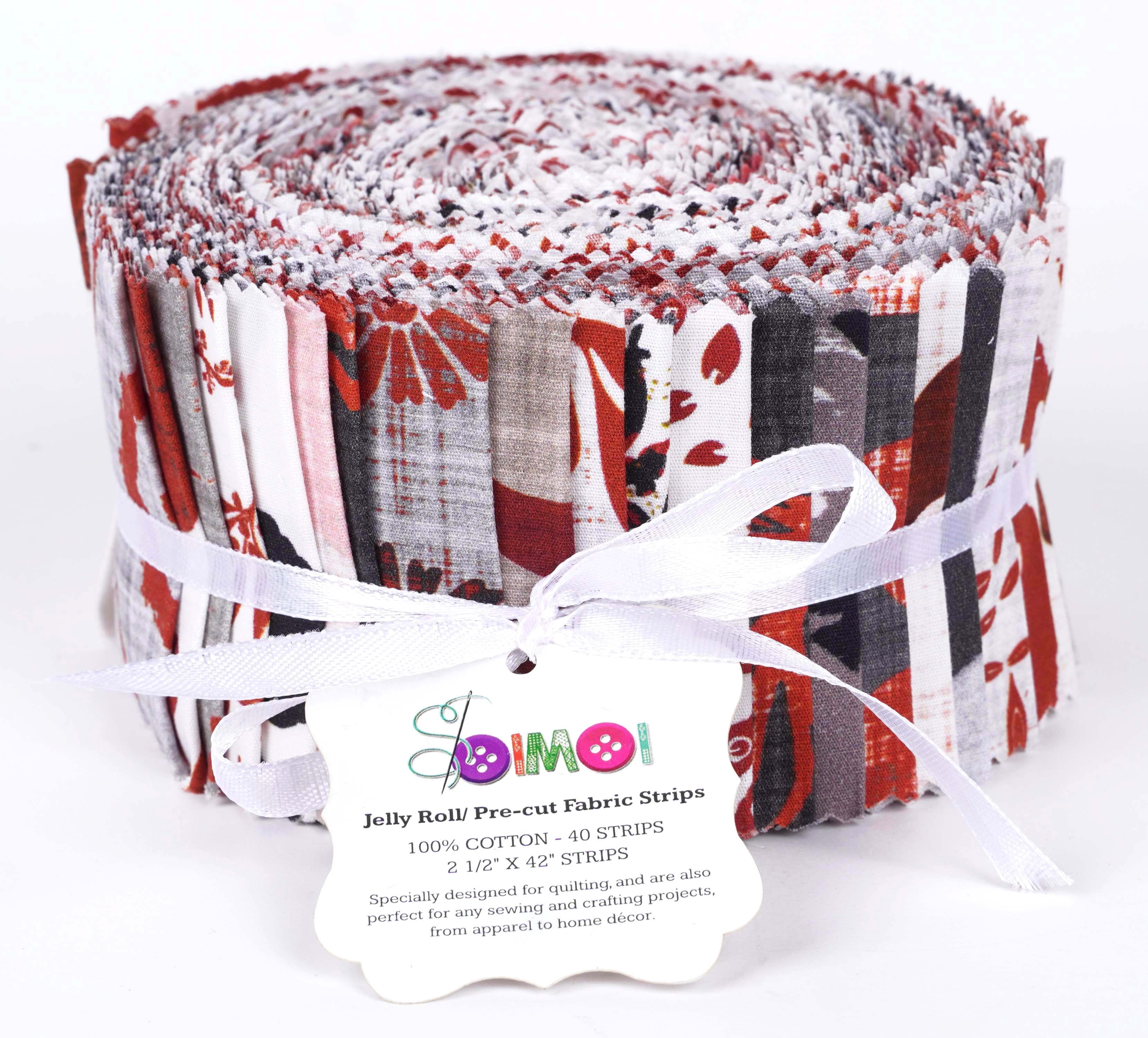 Soimoi 40Pcs Block Print Cotton Precut Fabrics For Quilting Craft Strips 2.5x42inches Jelly Roll - Red