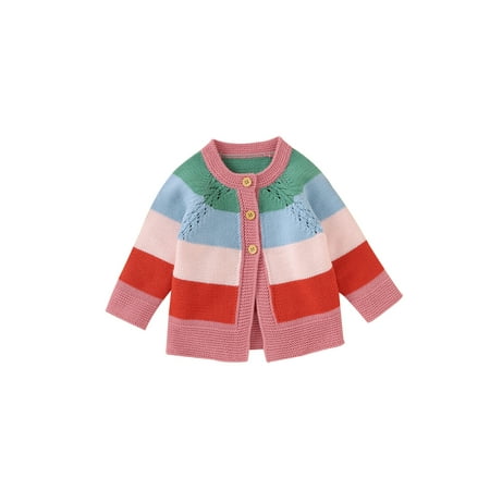 

TheFound Toddlers Baby Girl Knitted Cardigan Sweater Rainbow Striped Button Long Sleeve Sweaters Warm Outwear Coat Tops